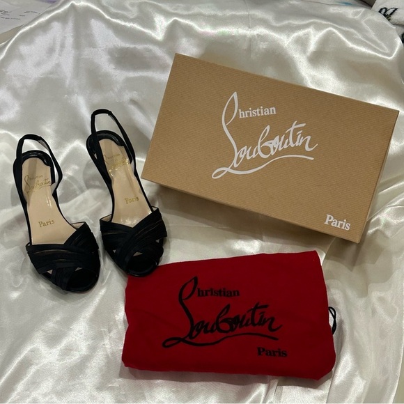 Christian Louboutin Black Peep Toe Sling Back Heels Chiffon Satin Size 6/36 Chic - Picture 2 of 13
